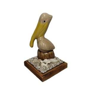 Pelican Bird Ceramic Figurine Statue On Wooden Base St Petersburg Nautical Ocean